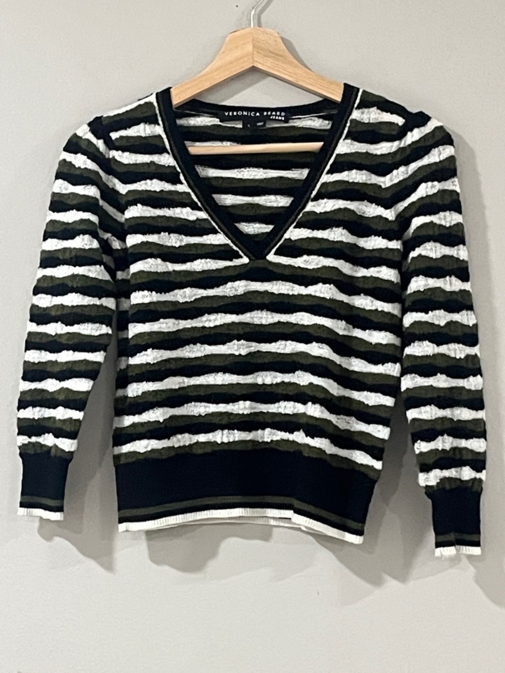 Veronica Beard Merino Wool Black & White Striped V-Neck Pullover Sweater